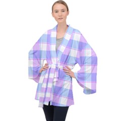 Cotton Candy Plaids - Blue, Pink, White Long Sleeve Velvet Kimono  by ConteMonfrey