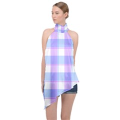 Cotton Candy Plaids - Blue, Pink, White Halter Asymmetric Satin Top by ConteMonfrey