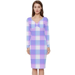 Cotton Candy Plaids - Blue, Pink, White Long Sleeve V-neck Bodycon Dress  by ConteMonfrey