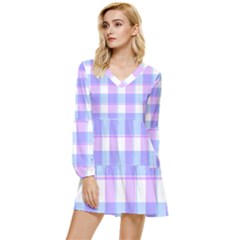 Cotton Candy Plaids - Blue, Pink, White Tiered Long Sleeve Mini Dress by ConteMonfrey