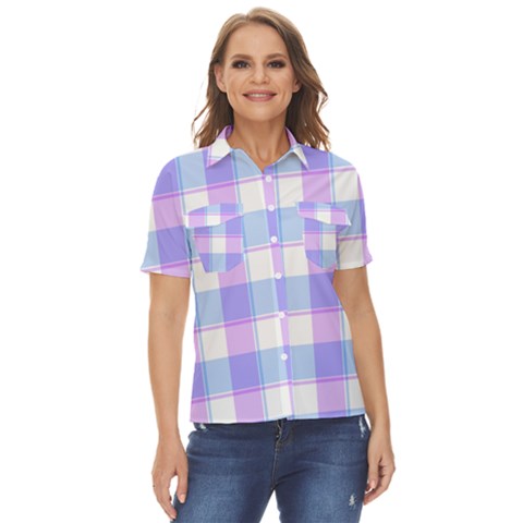 Cotton Candy Plaids - Blue, Pink, White Women s Short Sleeve Double Pocket Shirt by ConteMonfrey