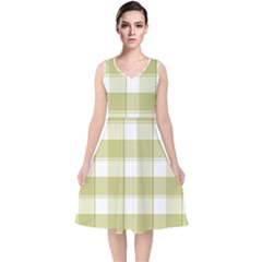 Green Tea Plaids - Green White V-neck Midi Sleeveless Dress  by ConteMonfrey