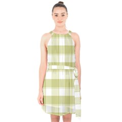 Green Tea Plaids - Green White Halter Collar Waist Tie Chiffon Dress by ConteMonfrey