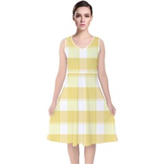 Cute Plaids White Yellow V-neck Midi Sleeveless Dress  by ConteMonfrey