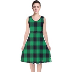 Black And Green Modern Plaids V-neck Midi Sleeveless Dress  by ConteMonfrey