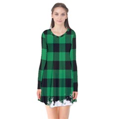 Black And Green Modern Plaids Long Sleeve V-neck Flare Dress by ConteMonfrey