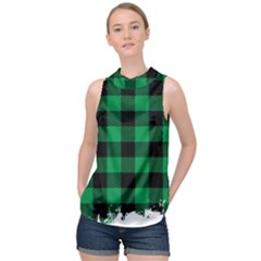 Black And Green Modern Plaids High Neck Satin Top by ConteMonfrey