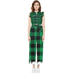 Black And Green Modern Plaids Women s Frill Top Chiffon Jumpsuit by ConteMonfrey