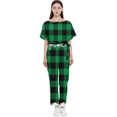 Black And Green Modern Plaids Batwing Lightweight Chiffon Jumpsuit by ConteMonfrey