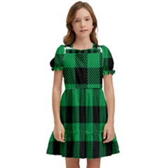 Black And Green Modern Plaids Kids  Puff Sleeved Dress