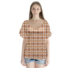 Cute Plaids - Brown And White Geometrics V-neck Flutter Sleeve Top