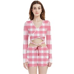 Pink And White Plaids Velvet Wrap Crop Top And Shorts Set by ConteMonfrey