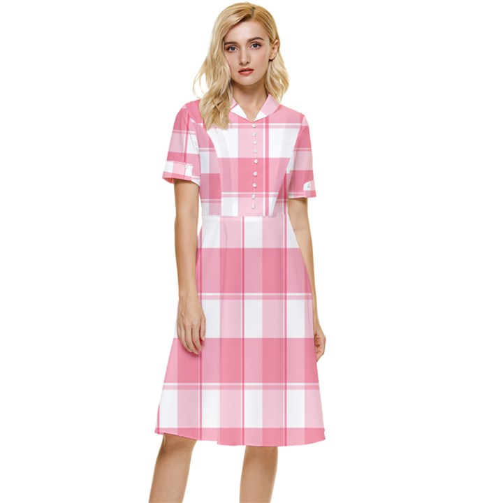 Pink and white plaids Button Top Knee Length Dress