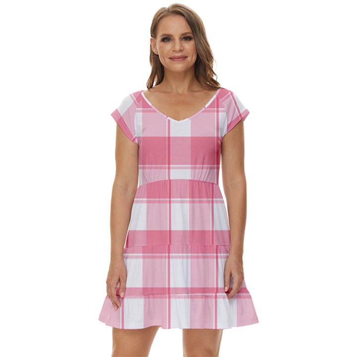 Pink and white plaids Short Sleeve Tiered Mini Dress