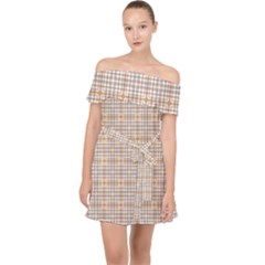 Portuguese Vibes - Brown And White Geometric Plaids Off Shoulder Chiffon Dress by ConteMonfrey