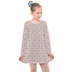 Portuguese Vibes - Brown And White Geometric Plaids Kids  Long Sleeve Dress by ConteMonfrey