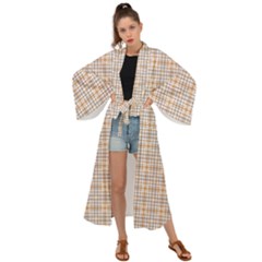 Portuguese Vibes - Brown And White Geometric Plaids Maxi Kimono by ConteMonfrey