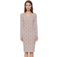 Portuguese Vibes - Brown And White Geometric Plaids Long Sleeve V-neck Bodycon Dress  by ConteMonfrey