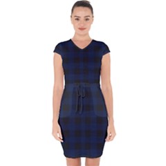 Black And Dark Blue Plaids Capsleeve Drawstring Dress  by ConteMonfrey