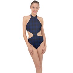 Black And Dark Blue Plaids Halter Side Cut Swimsuit by ConteMonfrey