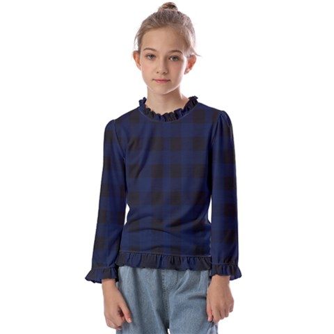 Black And Dark Blue Plaids Kids  Frill Detail Tee by ConteMonfrey