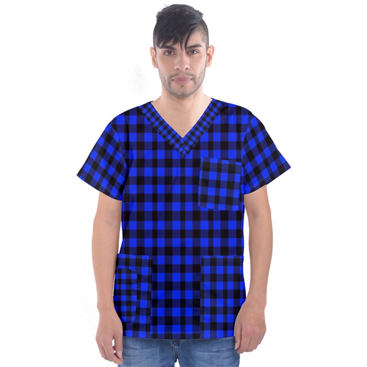 Black and bic blue plaids Men s V-Neck Scrub Top