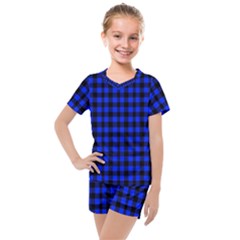 Black And Bic Blue Plaids Kids  Mesh Tee And Shorts Set