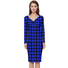 Black And Bic Blue Plaids Long Sleeve V-neck Bodycon Dress  by ConteMonfrey