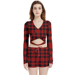 Red And Black Plaids Velvet Wrap Crop Top And Shorts Set by ConteMonfrey