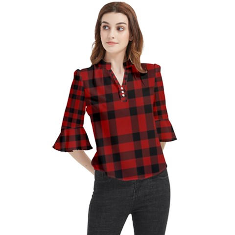 Red And Black Plaids Loose Horn Sleeve Chiffon Blouse by ConteMonfrey