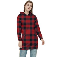 Red And Black Plaids Women s Long Oversized Pullover Hoodie by ConteMonfrey