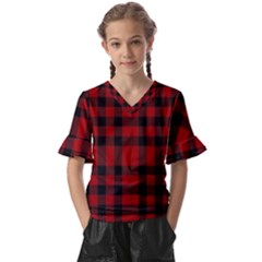 Red And Black Plaids Kids  V-neck Horn Sleeve Blouse by ConteMonfrey