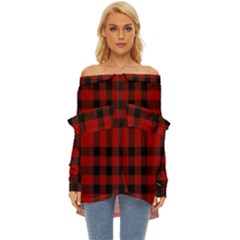 Red And Black Plaids Off Shoulder Chiffon Pocket Shirt by ConteMonfrey