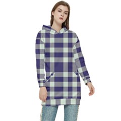 Dark Blue Plaid Women s Long Oversized Pullover Hoodie by ConteMonfrey