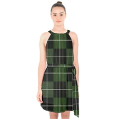 Modern Green Plaid Halter Collar Waist Tie Chiffon Dress by ConteMonfrey