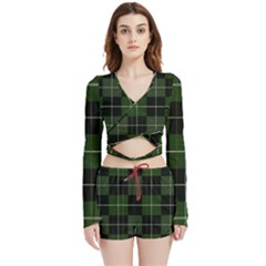 Modern Green Plaid Velvet Wrap Crop Top And Shorts Set by ConteMonfrey