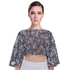 Weird Cute Fantasy Monsters Motif Pattern Tie Back Butterfly Sleeve Chiffon Top