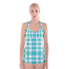 Turquoise Small Plaids  Boyleg Halter Swimsuit  by ConteMonfrey