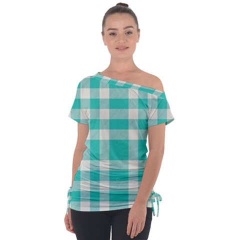 Turquoise Small Plaids  Off Shoulder Tie-up Tee by ConteMonfrey