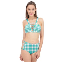 Turquoise Small Plaids  Cage Up Bikini Set by ConteMonfrey