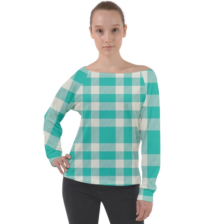 Turquoise small Plaids  Off Shoulder Long Sleeve Velour Top