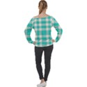 Turquoise small Plaids  Off Shoulder Long Sleeve Velour Top View2