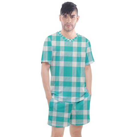 Turquoise Small Plaids  Men s Mesh Tee And Shorts Set by ConteMonfrey