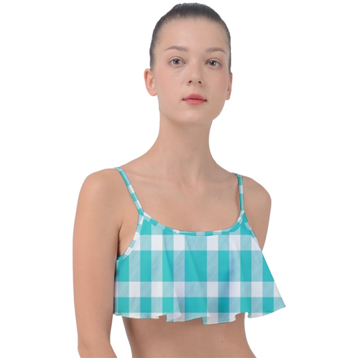 Turquoise small Plaids  Frill Bikini Top