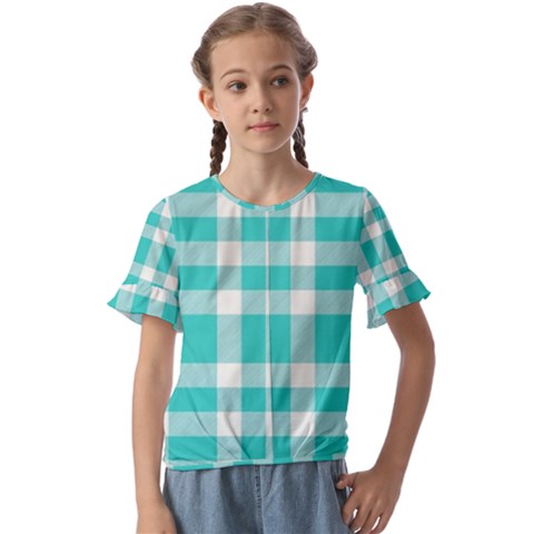 Turquoise Small Plaids  Kids  Cuff Sleeve Scrunch Bottom Tee by ConteMonfrey