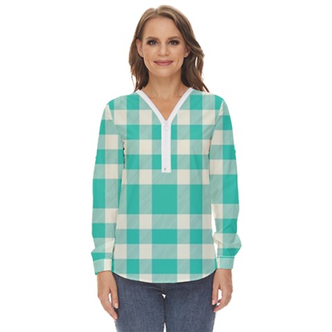 Turquoise Small Plaids  Zip Up Long Sleeve Blouse by ConteMonfrey