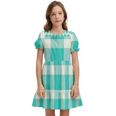 Turquoise Small Plaids  Kids  Puff Sleeved Dress