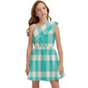 Turquoise small Plaids  Kids  One Shoulder Party Dress View1