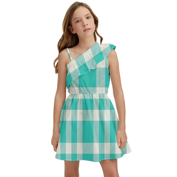 Turquoise small Plaids  Kids  One Shoulder Party Dress