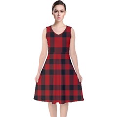 Red And Black Plaids V-neck Midi Sleeveless Dress  by ConteMonfrey